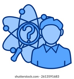 Scientific Curiosity icon represented by atom, question mark, magnifying glass Blue style.