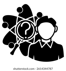 Scientific Curiosity icon represented by atom, question mark, magnifying glass Black Filled style.