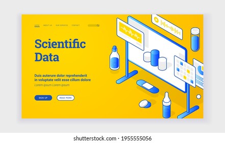 Scientific data. Isometric vector front web page with elements of board and lab equipment presenting information to learn about contemporary scientific data. Web banner, landing page template