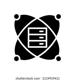 Scientific data mining black glyph icon. Dataset of researching works. Virtual server to storage information. Science development. Silhouette symbol on white space. Vector isolated illustration