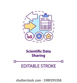 Scientific Data Sharing Concept Icon. Published Study In Journal Idea Thin Line Illustration. Additional Information. Scientific Method. Vector Isolated Outline RGB Color Drawing. Editable Stroke