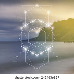 Wissenschaftliche Entwurfsvorlage mit Kopienraum. Data Science-Konzept.  Dreiecke und Molekülstruktur im Raum. Cyberspace, maschinelles Lernen, KI, künstliche Intelligenz, neuronale Netzwerk-Vektorkunst