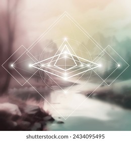 Scientific design template with copy space. Triangles and molecule structure on blurry natural background. Science fiction concept.