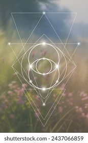 Scientific design template with copy space. Triangles and molecule structure on blurry natural background. Science fiction concept.