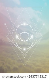 Scientific design template with copy space. Triangles and molecule structure on blurry natural background. Science fiction concept.