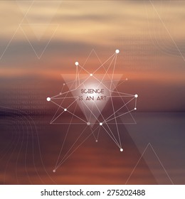 Scientific design template with copy space. Hipster triangles and molecule structure on blur photo background. Vector design for music albums, posters, flyers, web design and mobile application.