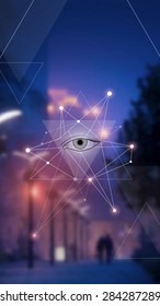 Scientific design template with copy space. Hipster triangles and molecule structure on blur photo background. Vector design for music albums, posters, flyers, web design and mobile application.
