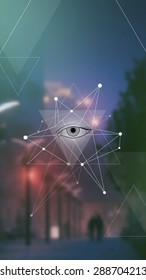 Scientific design template with copy space. Hipster triangles and molecule structure on blur photo background. Vector design for music albums, posters, flyers, web design and mobile application.