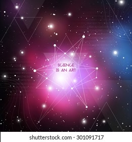 Scientific design template with copy space. Hipster triangles and molecule structure on space background. Vector design for music albums, posters, flyers, web design and mobile application.
