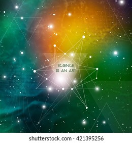 Scientific design template with copy space. Hipster triangles and molecule structure on space background.