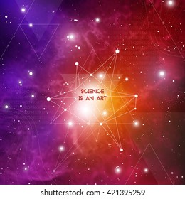Scientific design template with copy space. Hipster triangles and molecule structure on space background.