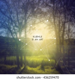 Scientific design template with copy space. Hipster triangles and molecule structure on blur photo background. Vector design for music albums, posters, flyers, web design and mobile application.
