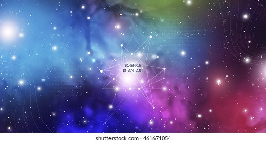 Scientific design template with copy space. Hipster triangles and molecule structure on space background. Vector design for music albums, posters, flyers, web design and mobile application.