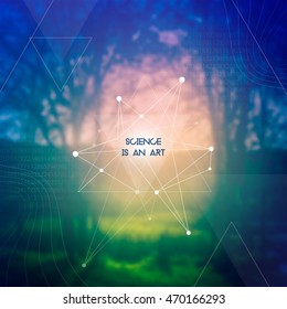 Scientific design template with copy space. Hipster triangles and molecule structure on blur photo background. Vector design for music albums, posters, flyers, web design and mobile application.