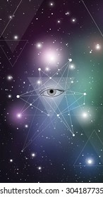 Scientific design template . Masonic Eye, Hipster triangles and molecule structure on space background. Vector design for music albums, posters, flyers, web design and mobile application.
