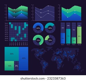 Scientific discoveries demonstration infographic chart design template set for dark theme. Visual data presentation. Bar graphs and circular diagrams collection. Myriad Variable Concept font used