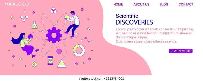 Scientific Discoveries web banner template with two scientists surrounded by lab icons and molecules alongside copyspace, colored vector illustration