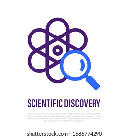 Scientific discovery thin line icon. Model of atom with magnifier. Vector illustration for laboratory research.