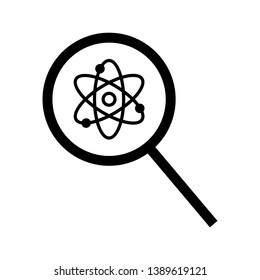 Scientific discovery vector icon, loupe and atomic orbitales on white background