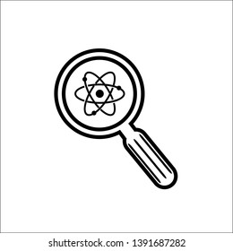 Scientific discovery vector icon, loupe and atomic orbitales on white background