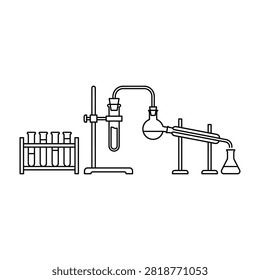 A scientific distillation setup featuring laboratory glassware, round bottom flasks, a condenser, and a rack of test tubes for chemistry experiments and research.