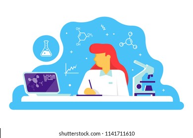 Scientific doctor woman working at science lab. Laboratory interior, with microscope and lab laptop. Vector. Scientific research concept in flat style.Work in medical chemical or biological lab