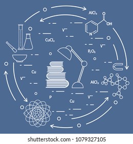 Scientific, education elements. Table lamp, books, flask, beaker, mortar, pestle, crystal lattice, molecule, magnet, atomic nucleus.