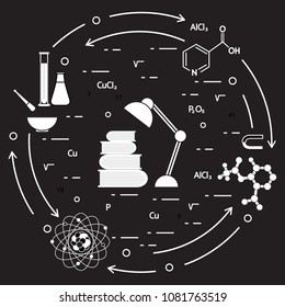 Scientific, education elements. Table lamp, books, flask, beaker, mortar, pestle, crystal lattice, molecule, magnet, atomic nucleus.