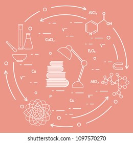 Scientific, education elements. Table lamp, books, flask, beaker, mortar, pestle, crystal lattice, molecule, magnet, atomic nucleus.