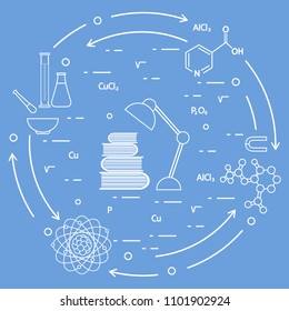 Scientific, education elements. Table lamp, books, flask, beaker, mortar, pestle, crystal lattice, molecule, magnet, atomic nucleus.