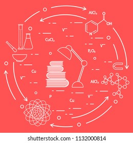 Scientific, education elements. Table lamp, books, flask, beaker, mortar, pestle, crystal lattice, molecule, magnet, atomic nucleus.
