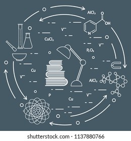 Scientific, education elements. Table lamp, books, flask, beaker, mortar, pestle, crystal lattice, molecule, magnet, atomic nucleus.