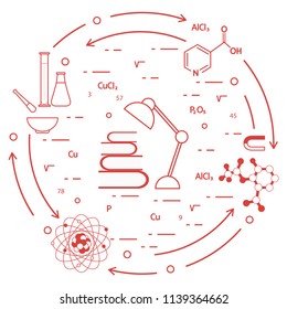 Scientific, education elements. Table lamp, books, flask, beaker, mortar, pestle, crystal lattice, molecule, magnet, atomic nucleus.