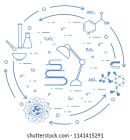 Scientific, education elements. Table lamp, books, flask, beaker, mortar, pestle, crystal lattice, molecule, magnet, atomic nucleus.