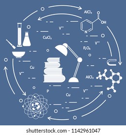 Scientific, education elements. Table lamp, books, flask, beaker, mortar, pestle, crystal lattice, molecule, magnet, atomic nucleus.