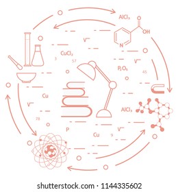 Scientific, education elements. Table lamp, books, flask, beaker, mortar, pestle, crystal lattice, molecule, magnet, atomic nucleus.