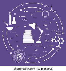 Scientific, education elements. Table lamp, books, flask, beaker, mortar, pestle, crystal lattice, molecule, magnet, atomic nucleus.