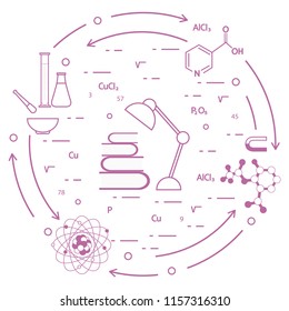 Scientific, education elements. Table lamp, books, flask, beaker, mortar, pestle, crystal lattice, molecule, magnet, atomic nucleus.