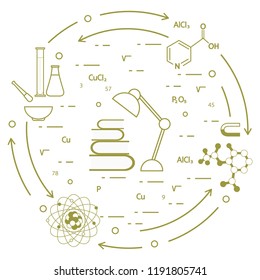 Scientific, education elements. Table lamp, books, flask, beaker, mortar, pestle, crystal lattice, molecule, magnet, atomic nucleus.