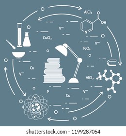 Scientific, education elements. Table lamp, books, flask, beaker, mortar, pestle, crystal lattice, molecule, magnet, atomic nucleus.