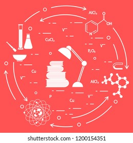 Scientific, education elements. Table lamp, books, flask, beaker, mortar, pestle, crystal lattice, molecule, magnet, atomic nucleus.