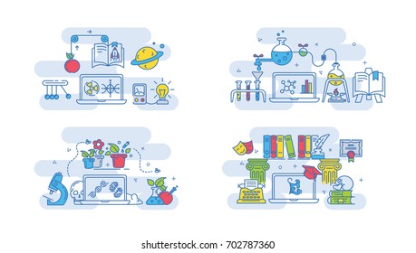 Scientific or educational laboratories. Physics, mathematics, biology, botany, chemistry, and literature. Colored vector illustration.