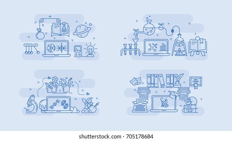 Scientific or educational laboratories. Physics, mathematics, biology, botany, chemistry, and literature. Vector illustration in shades of blue