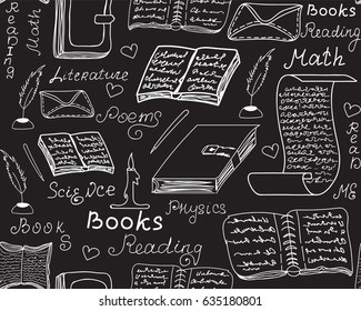 Scientific educational vector seamless endless texture with books, pens, copybooks, words and letters