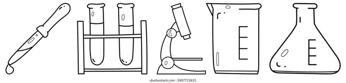 Conjunto de elementos científicos de ilustraciones de vector de contorno dibujadas a mano. Cuentagotas, cremallera del tubo de ensayo, microscopio, vaso de precipitado, matraz cónico.