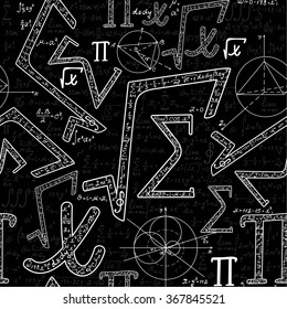 Scientific endless vector texture with various mathematical signs, figures, formulas and calculations. Vector mathematical seamless pattern