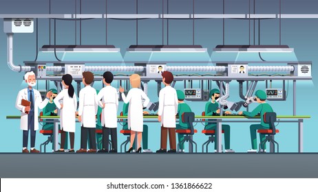 Scientific engineers wearing lab coats inspecting or visiting with excursion at electronics factory assembly line or engineering laboratory leaded by elder manager. Flat vector interior illustration