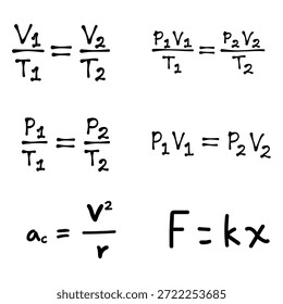 Scientific equations featuring gas law ratios and centripetal acceleration. Detailed physics formulas for educational presentations, textbooks, and academic posters.