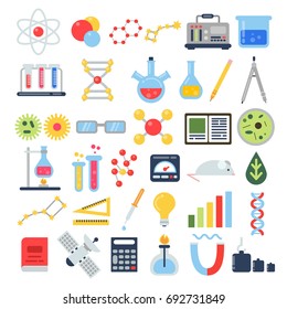 Scientific equipment for chemical testing. Science vector icon set