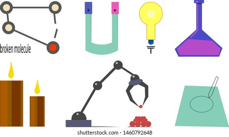 Scientific equipment in the form of a hand-robot, a chemical flask with a wide bottom and a magnet. Nearby are a lamp, candles and a sheet with a writing instrument.

